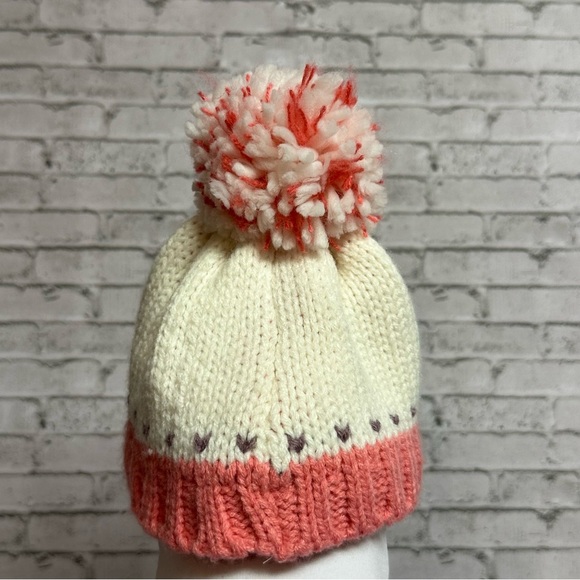 Knit Lined Winter Toddler Hat Pink Heart Pom Pom Toboggan Beanie 9.5" X 6" - Picture 3 of 8